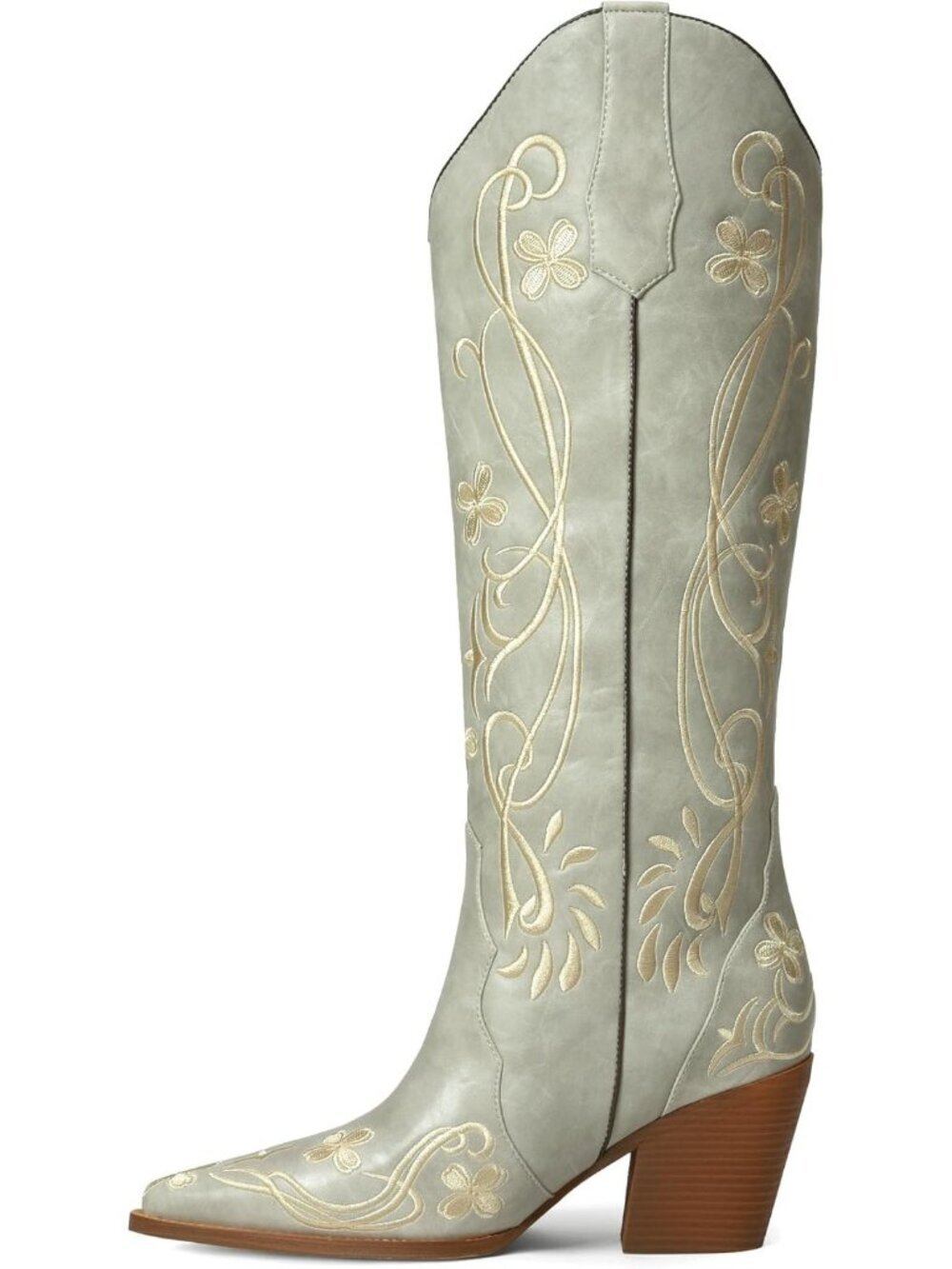 Women's Light Gray Faux Leather Cowgirl High Knee Floral Embroidered Footwear